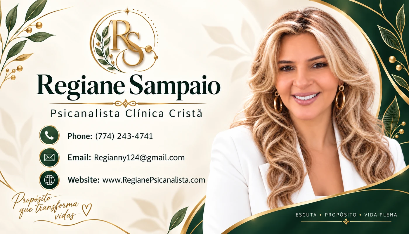 Cartão de visita de Regiane Sampaio, psicanalista clínica cristã. Telefone (774) 243-4741, e-mail Regianny124@gmail.com, site www.RegianePsicanalista.com